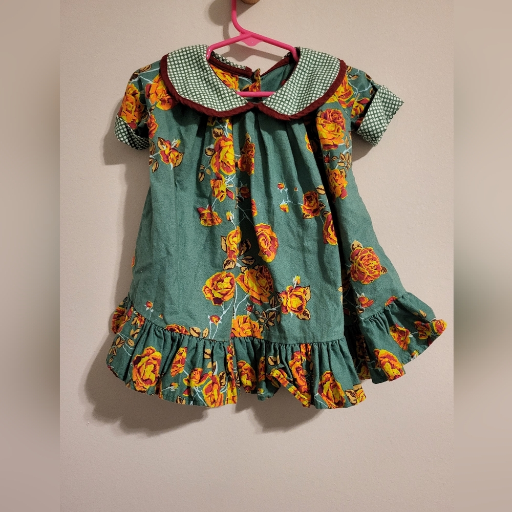 Vintage 12M Girls Floral Dress British Style polka-dot Meadow 100% cotton